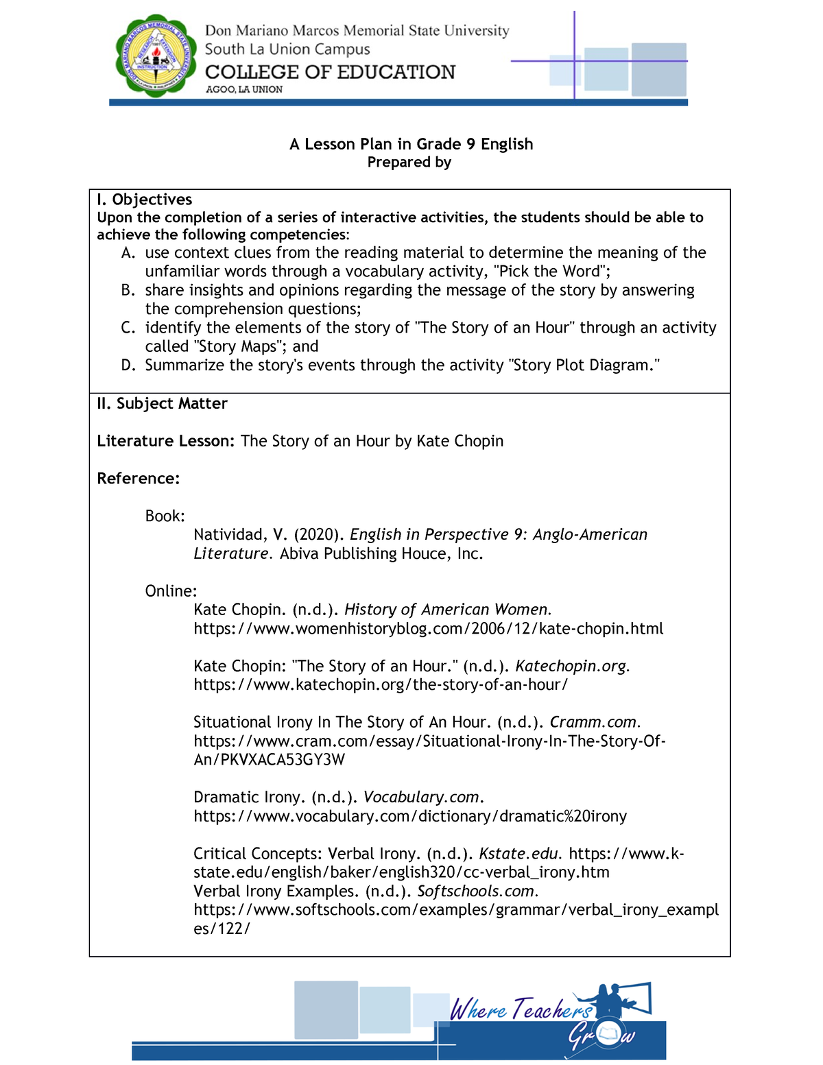 Final DEMO Lesson PLAN THE Story OF AN HOUR - A Lesson Plan in Grade 9 ...
