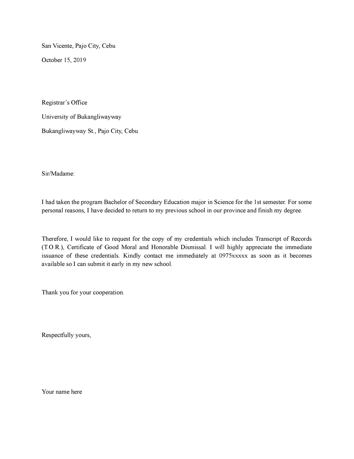 Letter of Request Sample for students and teachers - San Vicente, Pajo ...