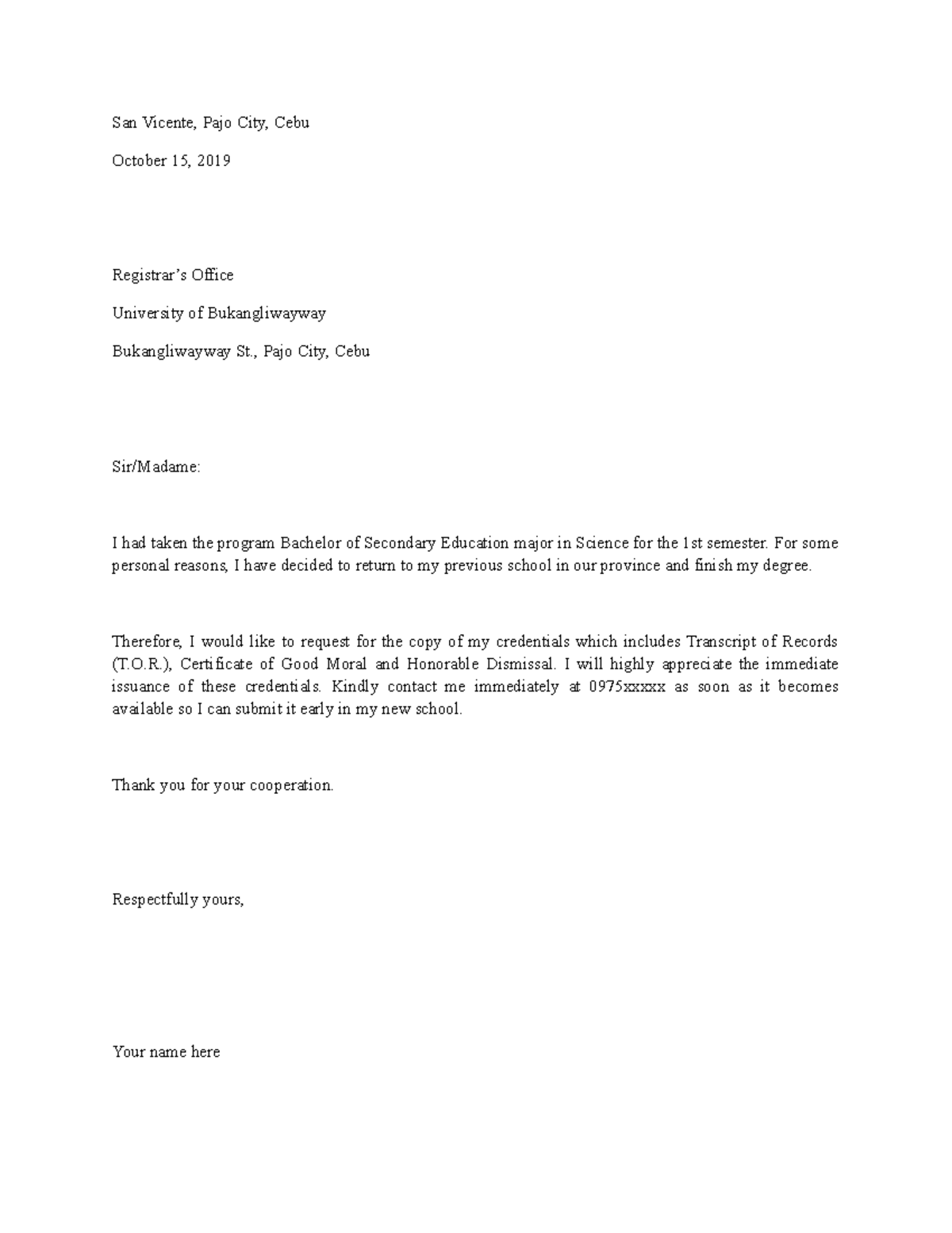 Letter of Request Sample for students and teachers - San Vicente, Pajo ...