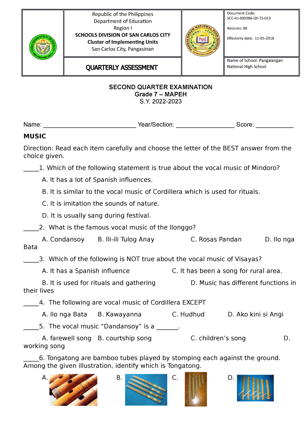 Mapeh-7-2nd Quarter Exam - Republic Of The Philippines Department Of ...