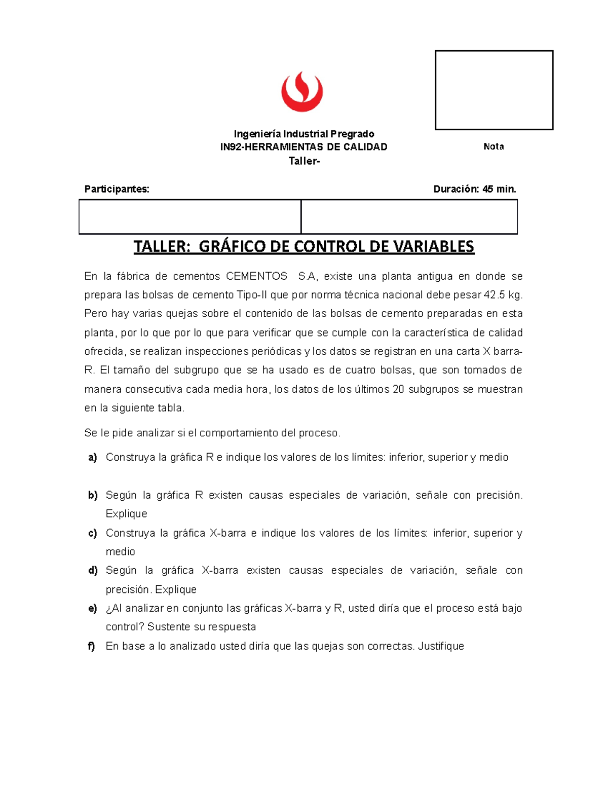 2022-1 HQ Taller 03 Grafico Control Variables X-R - Ingeniería ...