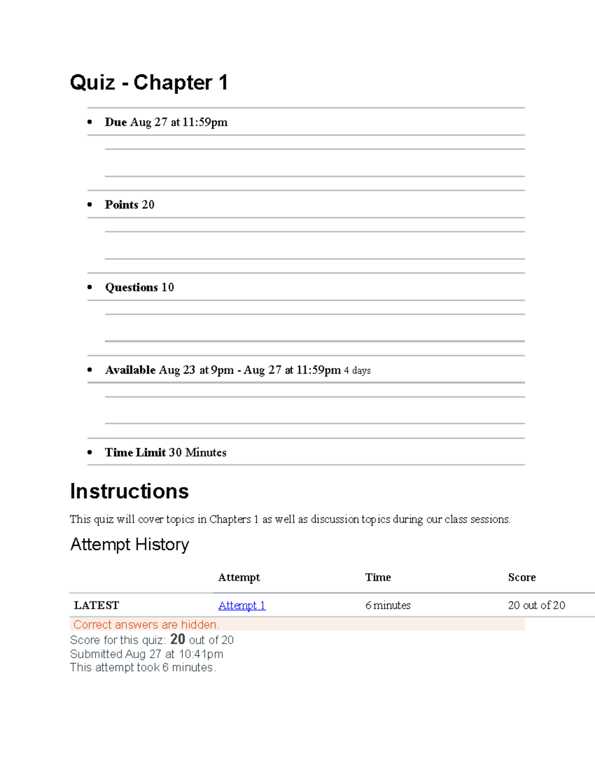 Quiz Answer - Quiz - Chapter 1 Due Aug 27 At 11:59pm Points 20 ...