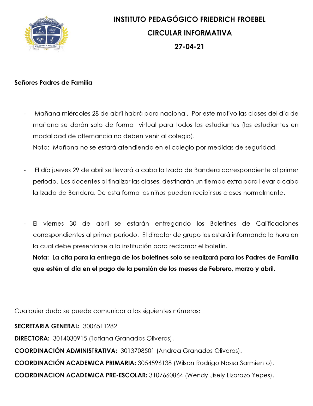 Circular Informativa 27 De Abril 2021 Instituto PedagÓgico Friedrich Froebel Circular 5422