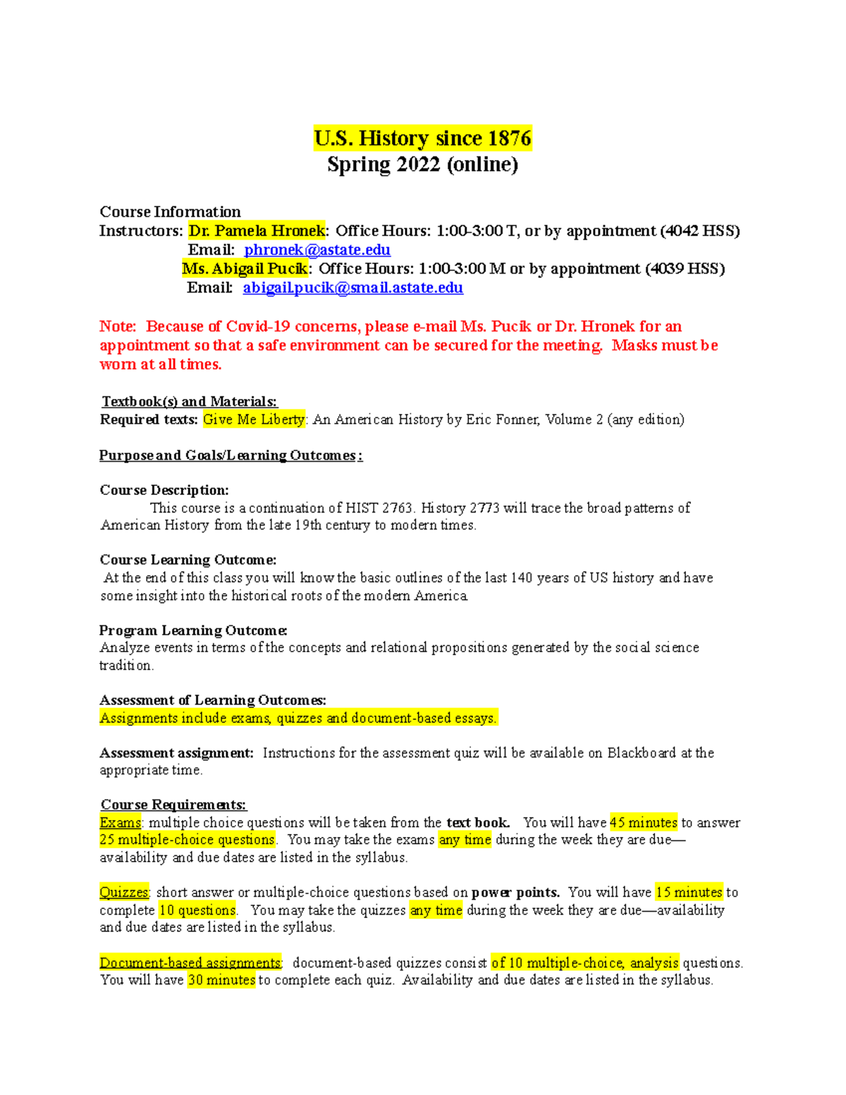 Syllabus History 2021 - U. History Since 1876 Spring 2022 (online ...