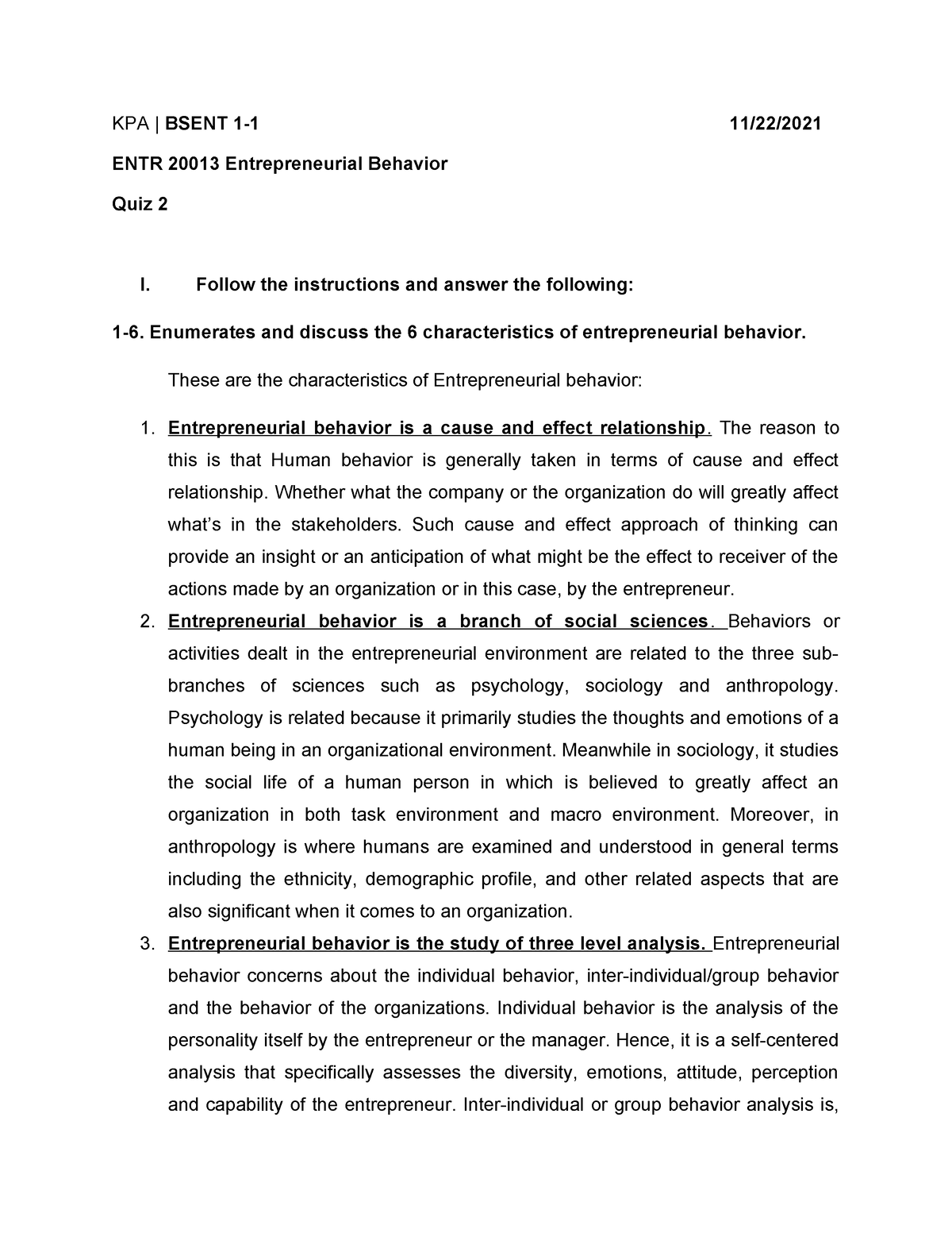 Questions Entrepreneurial Behavior Kpa Bsent 1 1 11 22 Entr 20013 Entrepreneurial