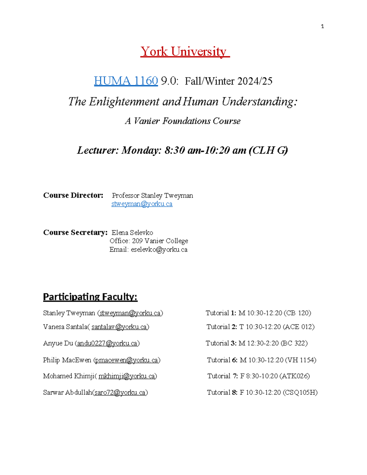 HUMA 1160 9.0 Course outline 20242025 1 York University HUMA 1160 9