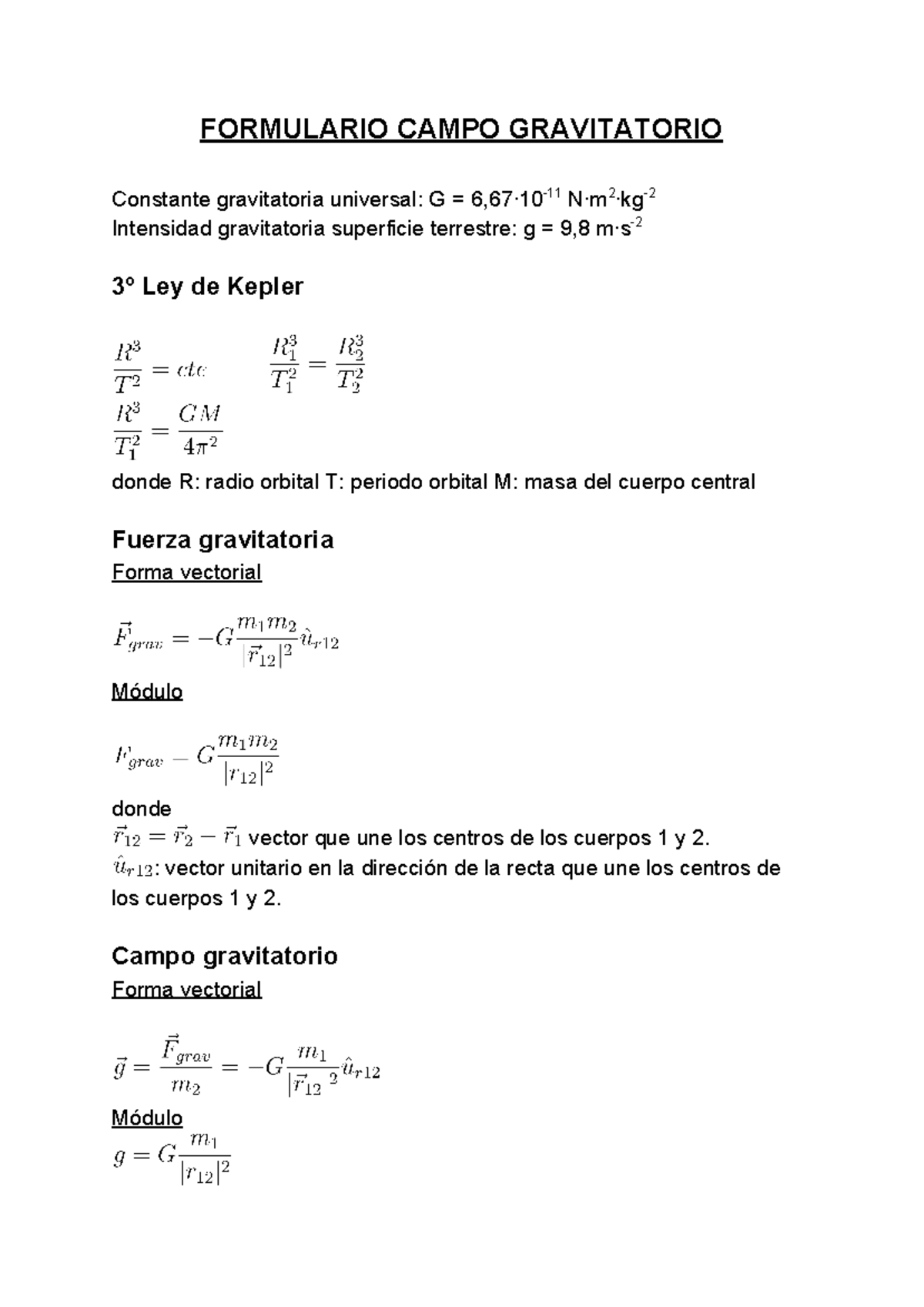 Formulario Campo Gravitatorio - FORMULARIO CAMPO GRAVITATORIO Constante ...