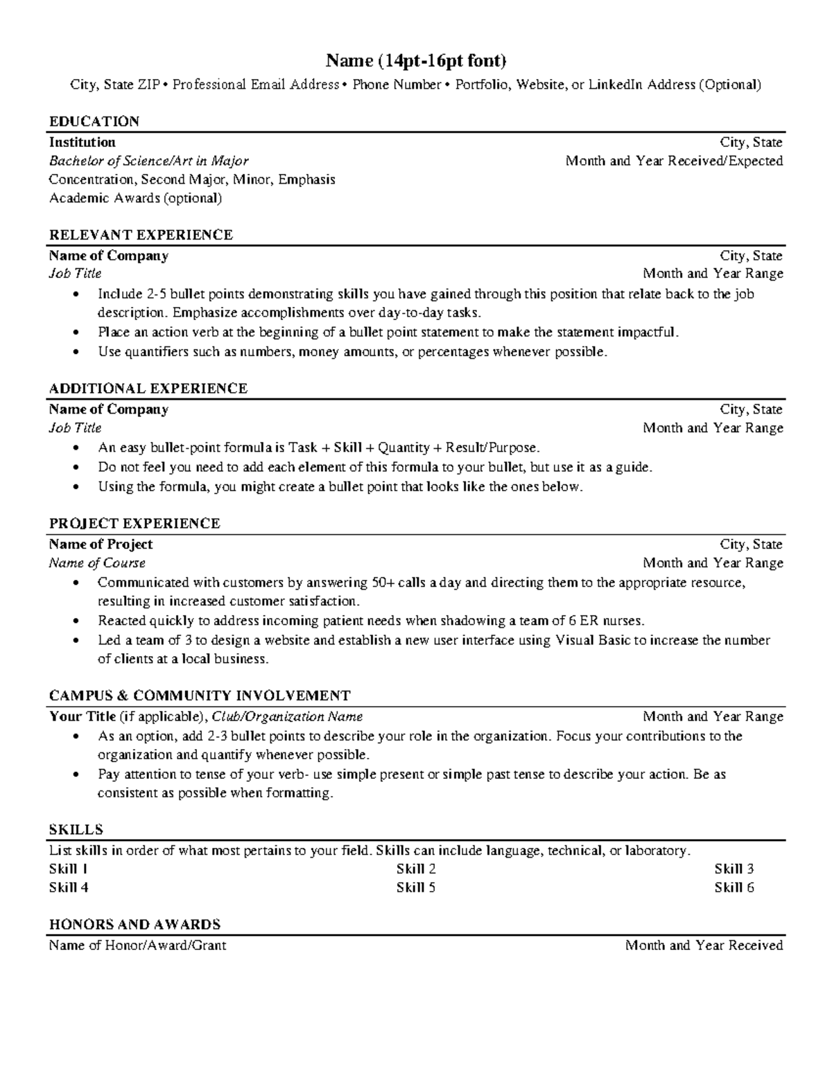 Basic resume - Name (14pt-16pt font) City, State ZIP • Professional ...