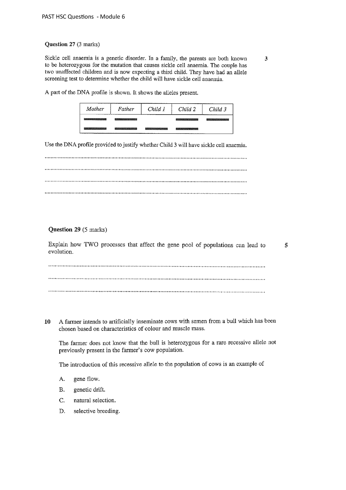 For student PAST HSC Questions - DNA profiling, sequencing, gene flow ...