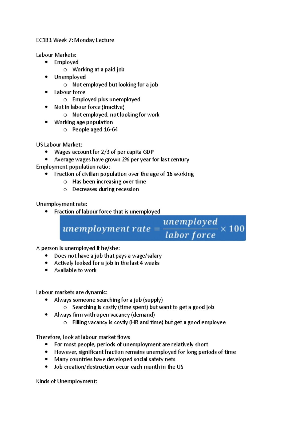 The Entire Year - EC1B3 Week 7: Monday Lecture Labour Markets: Employed ...