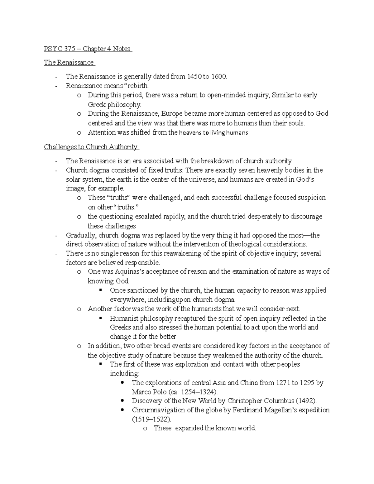 PSYC 375 - Chapter 4 Notes - PSYC 375 – Chapter 4 Notes The Renaissance ...