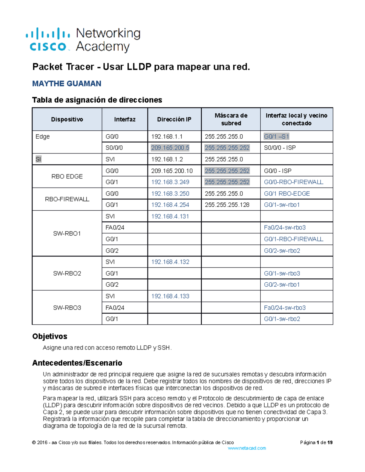 1.2 Packet Tracer - Use LLDP para mapear una red - MAYTHE GUAMAN Tabla ...