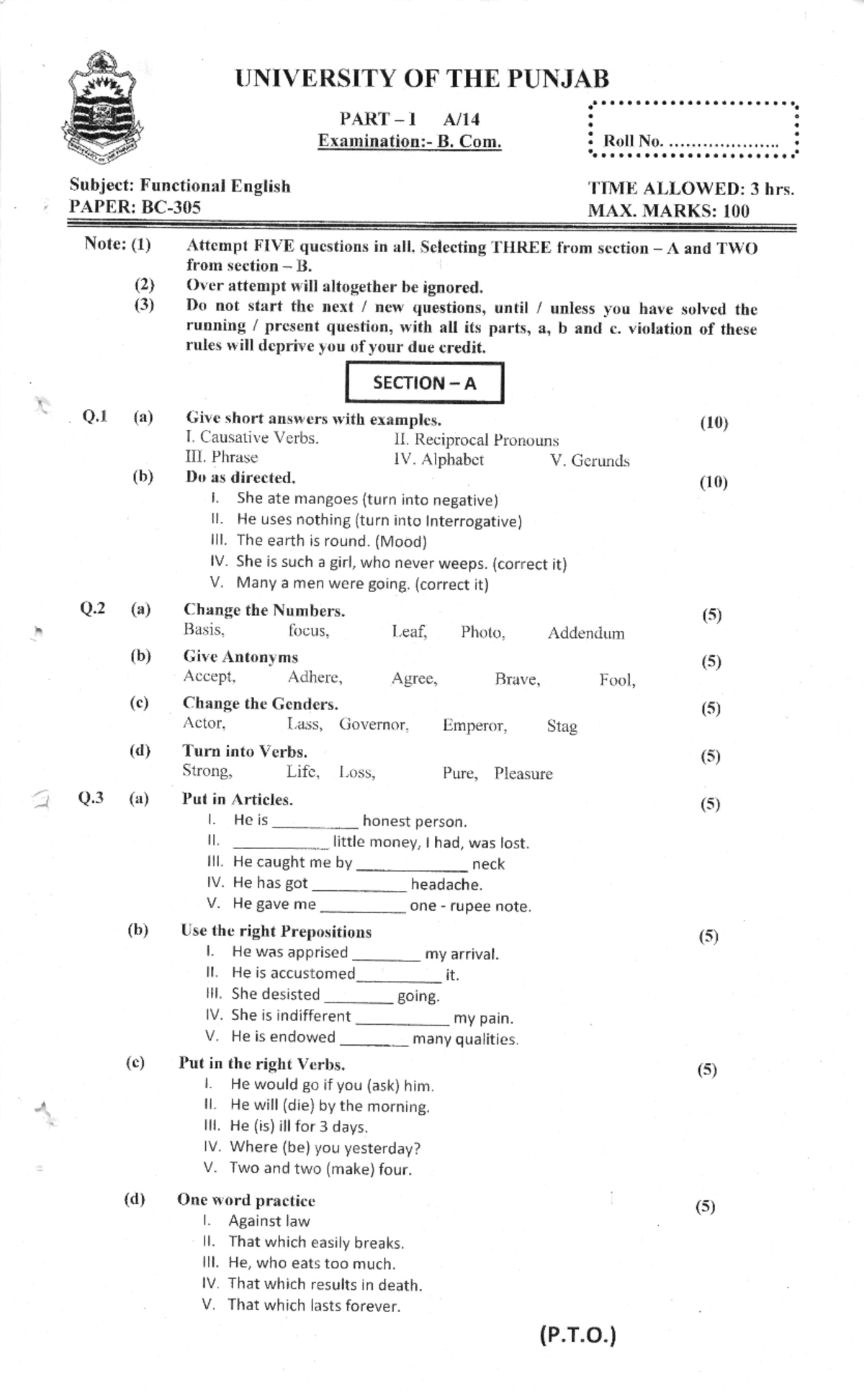 Bc 305 Pi Past Papers - Part ####### I Ni Examination:- B. Com. Note 