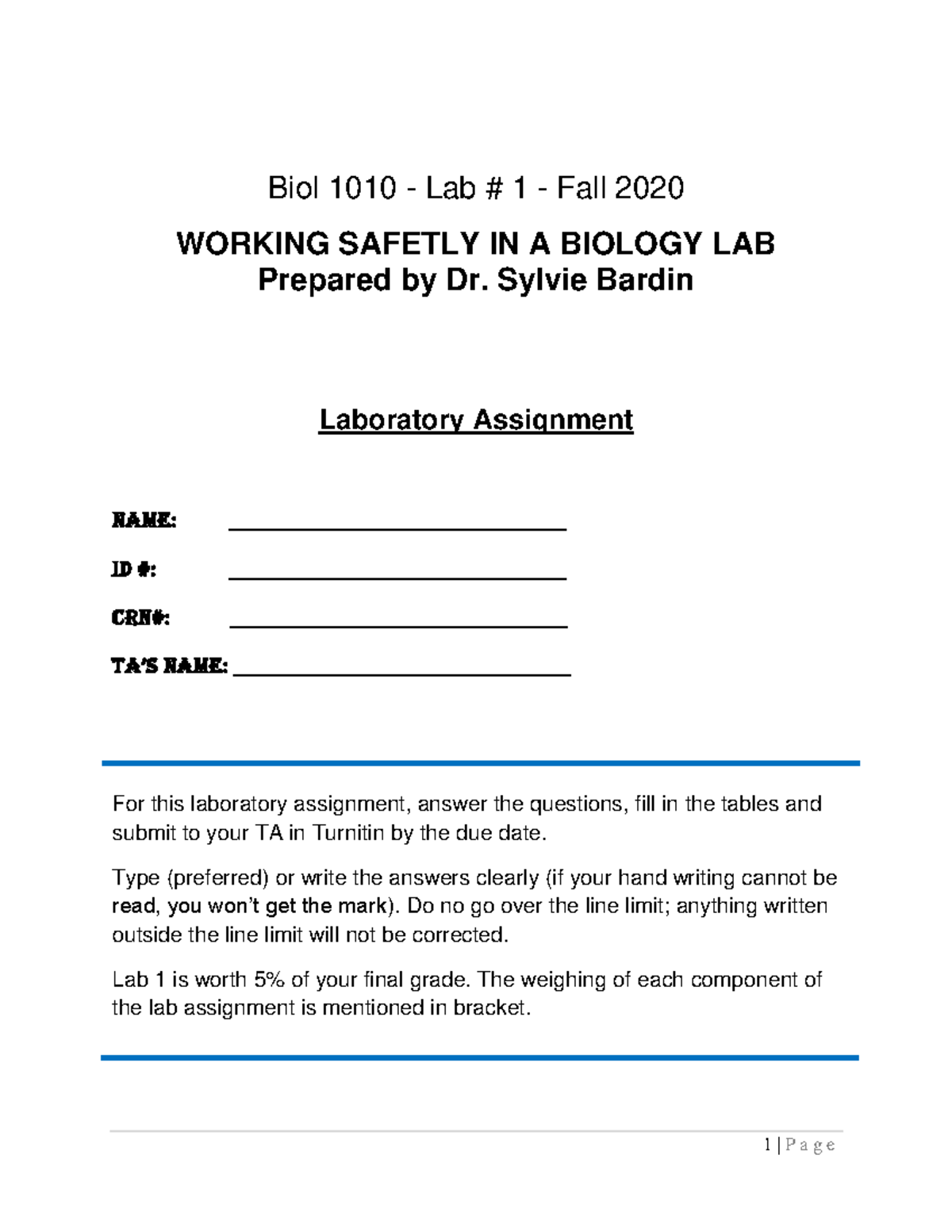 Lab 1- Lab assignment-F2020 - Biol 1010 - Lab # 1 - Fall 20 20 WORKING ...