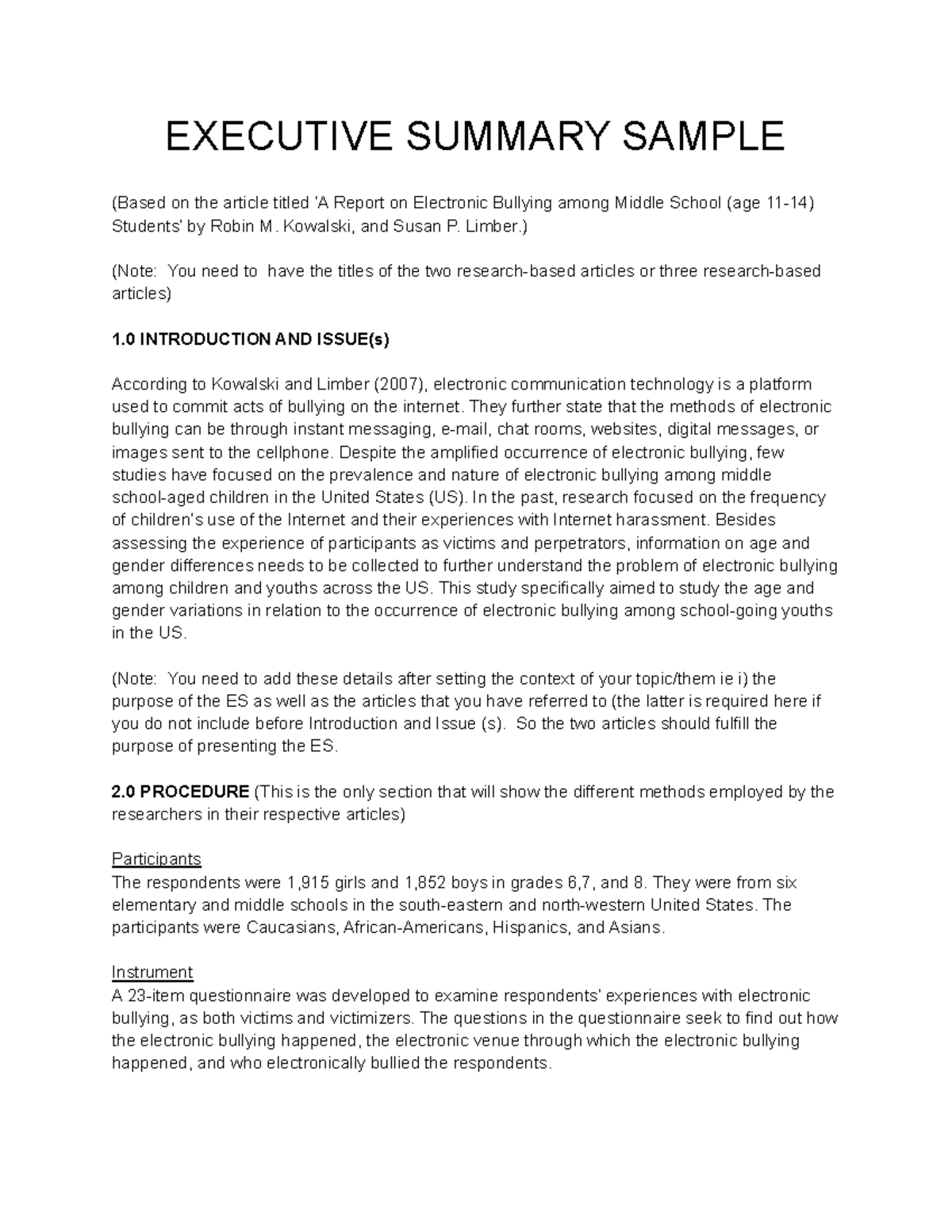 ELC II - ES Sample of Executive Summary - EXECUTIVE SUMMARY SAMPLE ...