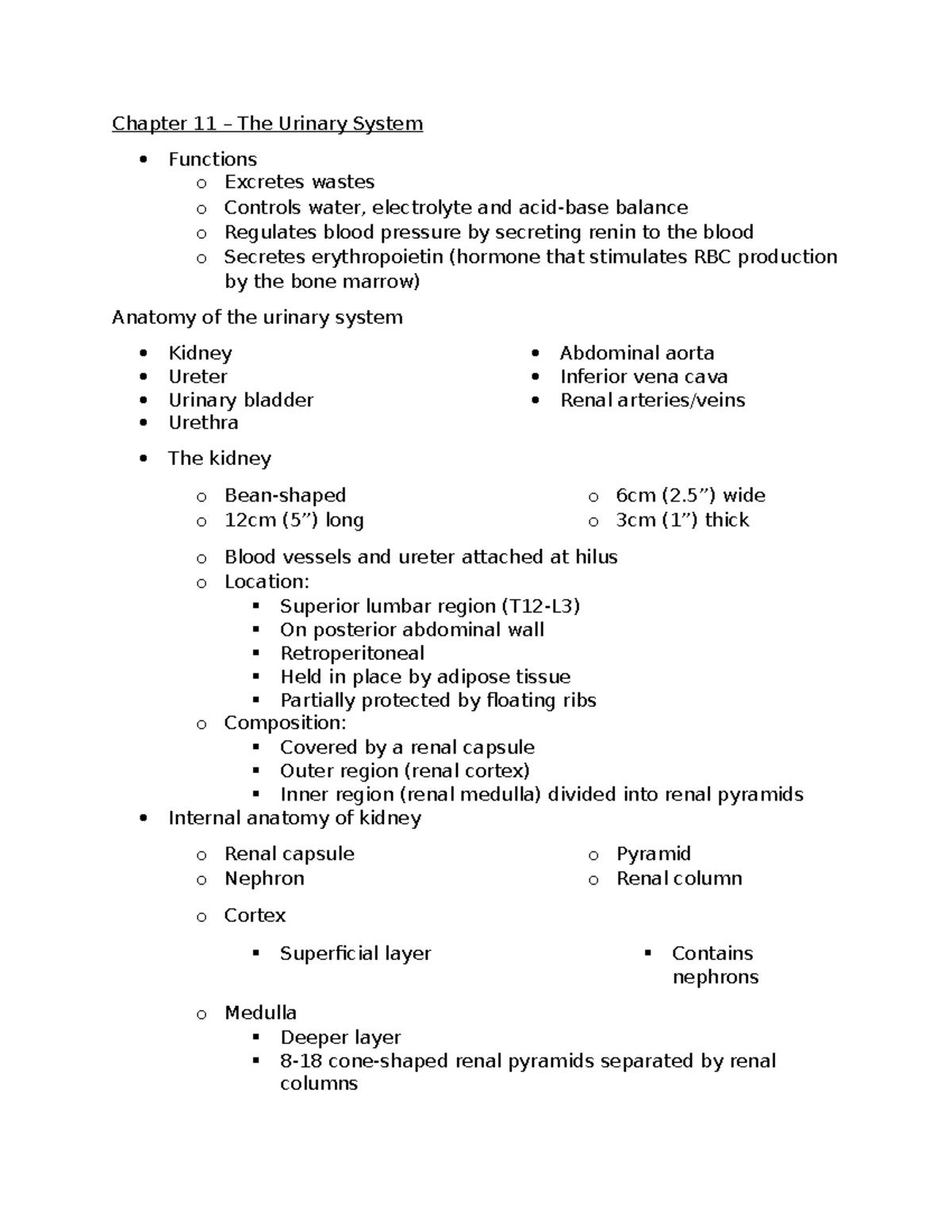 Chapter 11 - Chap 11 - Chapter 11 – The Urinary System Functions o ...