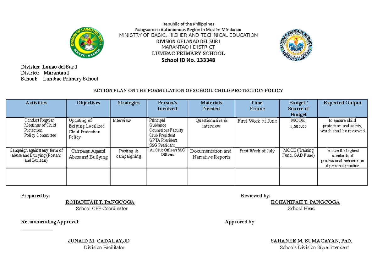 Lumbac PS- Action-PLAN-ON-THE- Formulation-OF- School - Republic of the ...