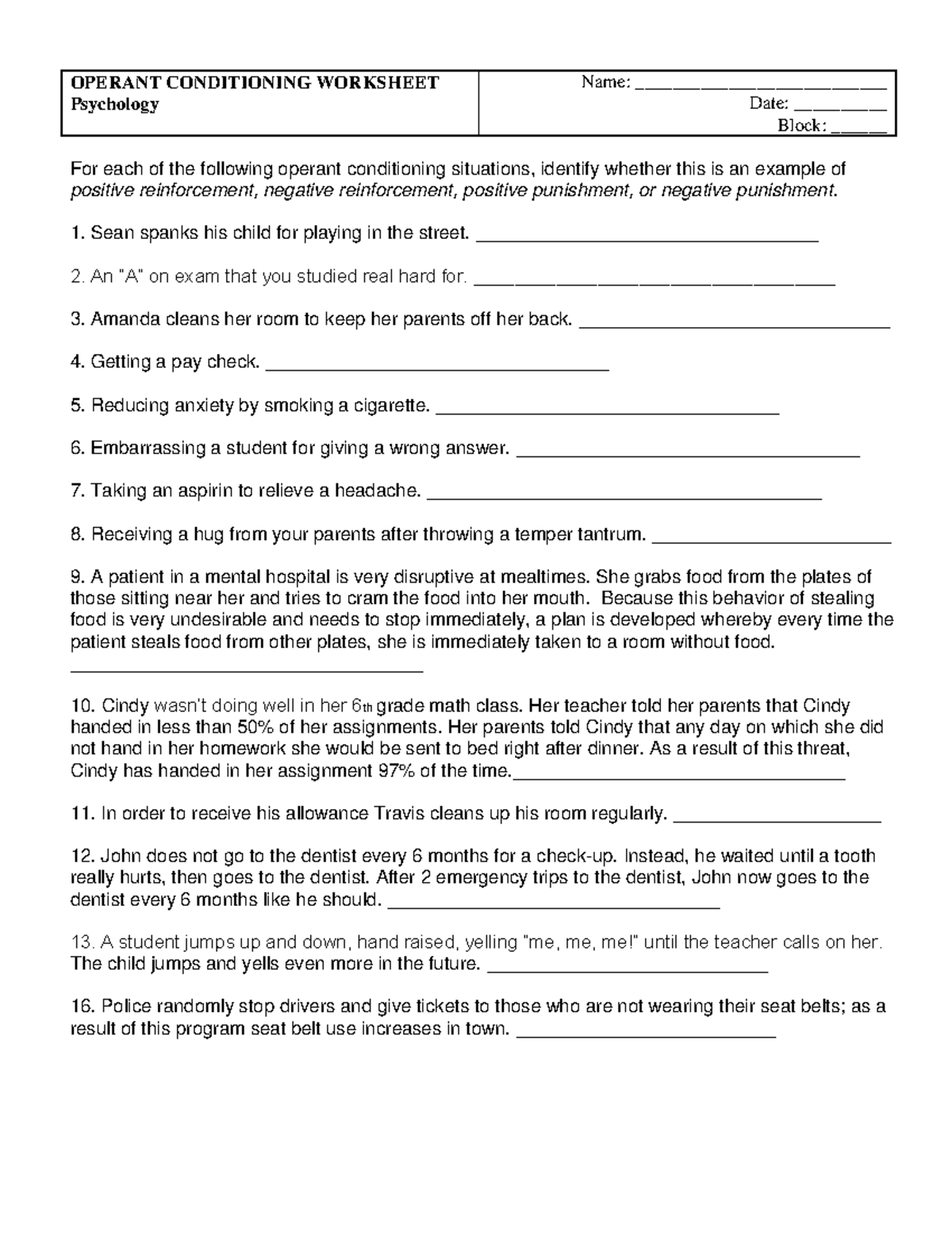 OC worksheet - OPERANT CONDITIONING WORKSHEET Psychology Name