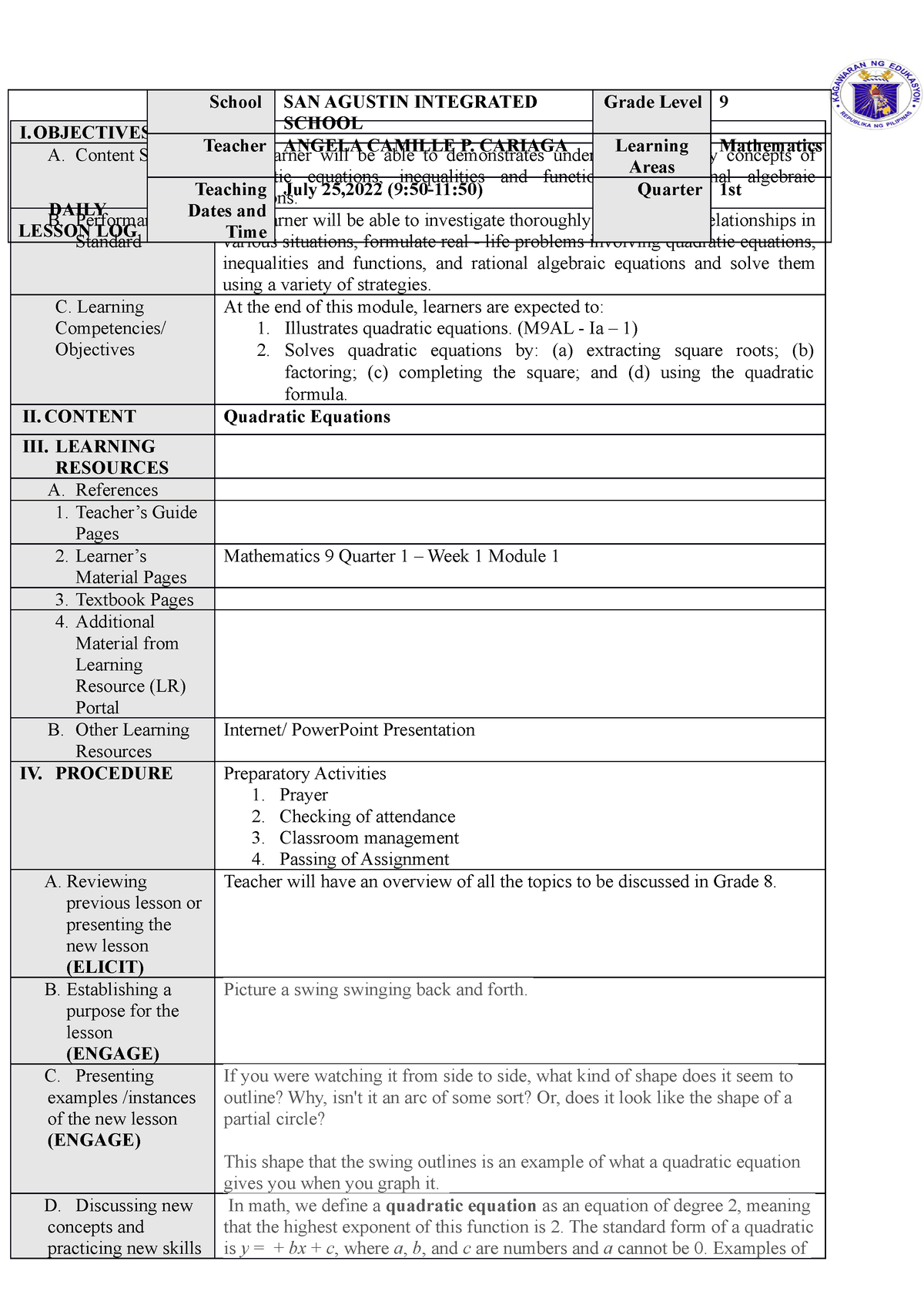 DLL AUG 2022-MATH 9 Q1-W1- Quadratic Equations - I A. Content Standard ...