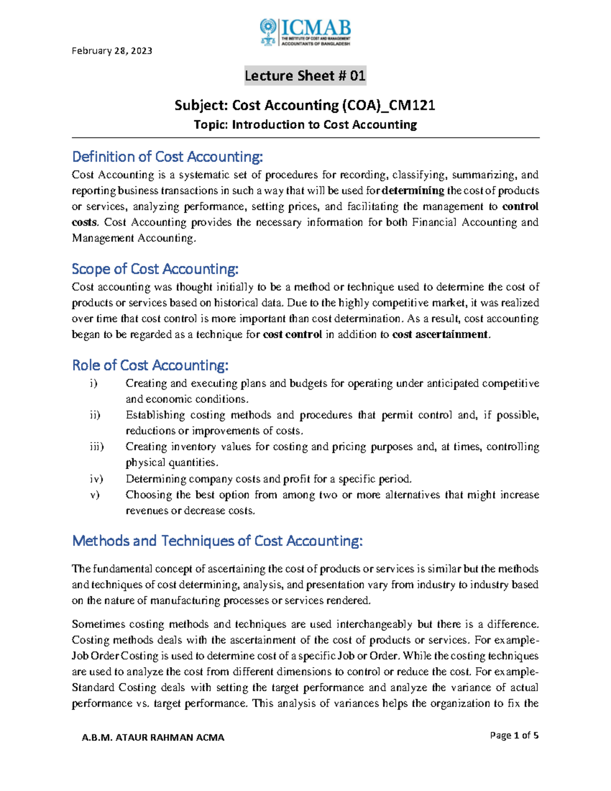 COA Lecture Sheet - February 28, 2023 Lecture Sheet # 01 Subject: Cost ...