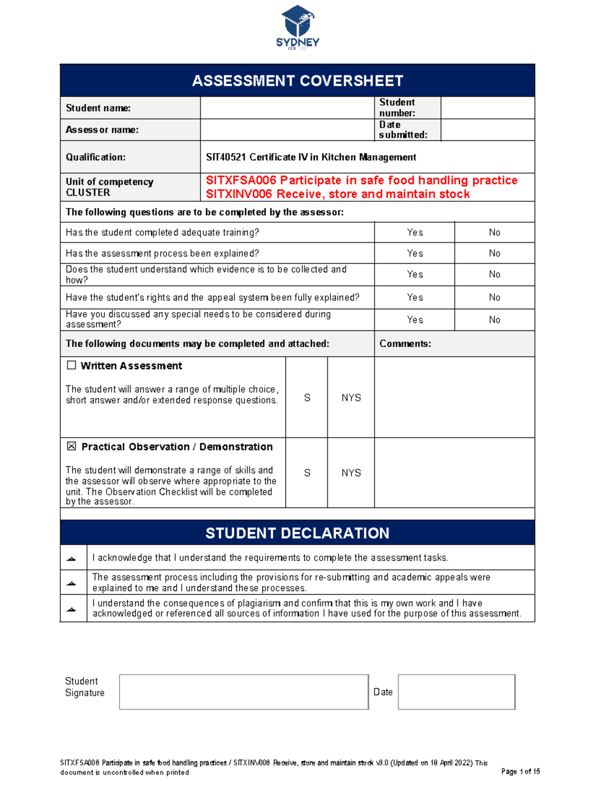 Sitxfsa 006, Sitxinv 006 - Practical Assessment v3 - SITXFSA006 ...