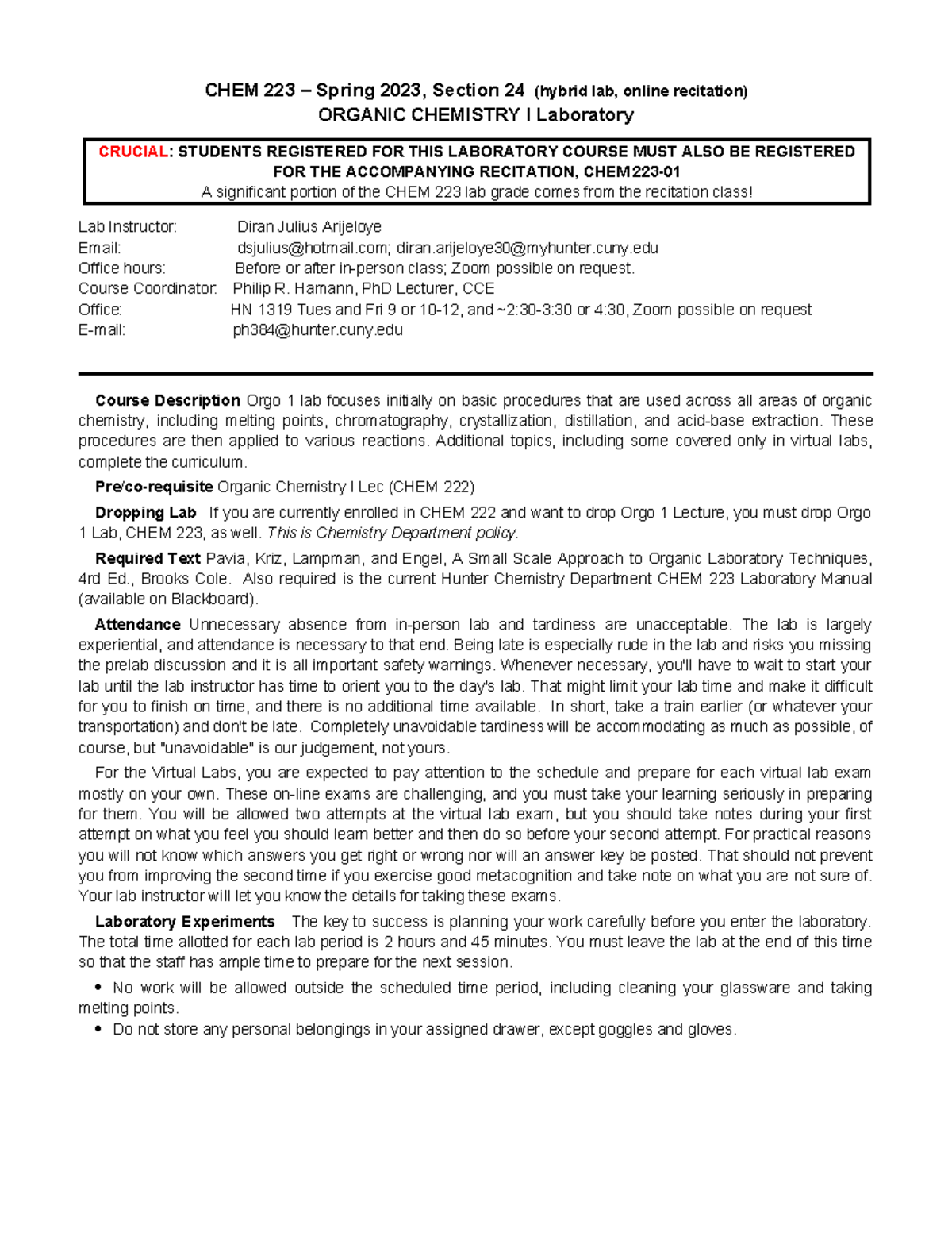 Chem 223 Hybrid Syllabus Sec 24 F23 - CHEM 223 – Spring 2023, Section ...