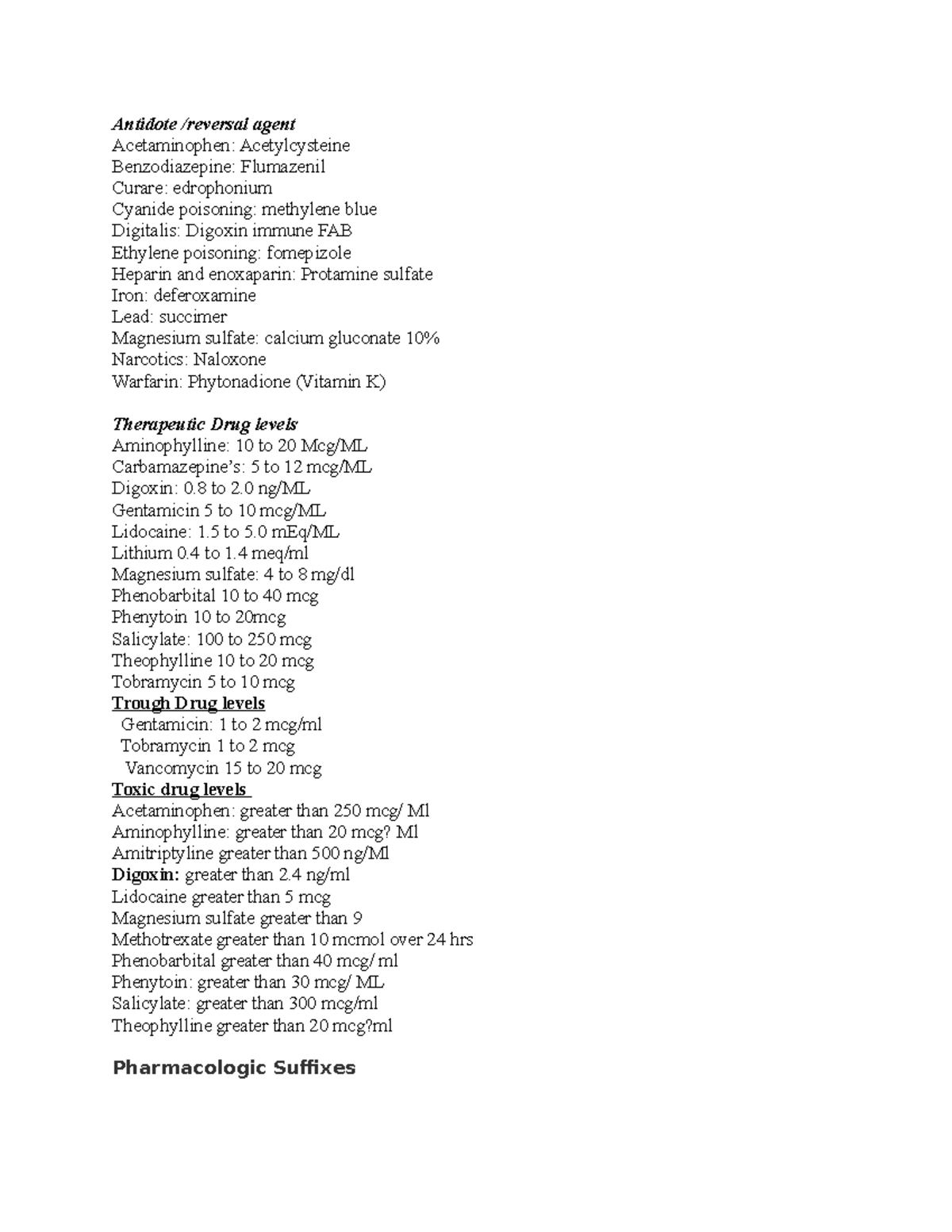 Pharm notes Antidote agent Acetaminophen Acetylcysteine