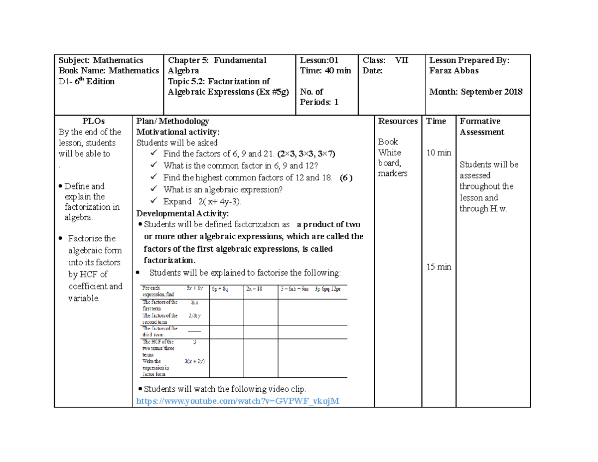 September lesson plan class 7 chap 5 ex 5g, 5h and 5i - Subject ...