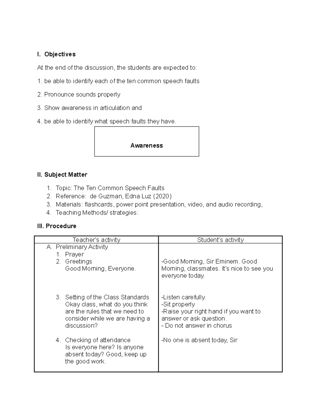 EL 213 Instructional Materials Development and Evaluation Detailed Lesson Plan I