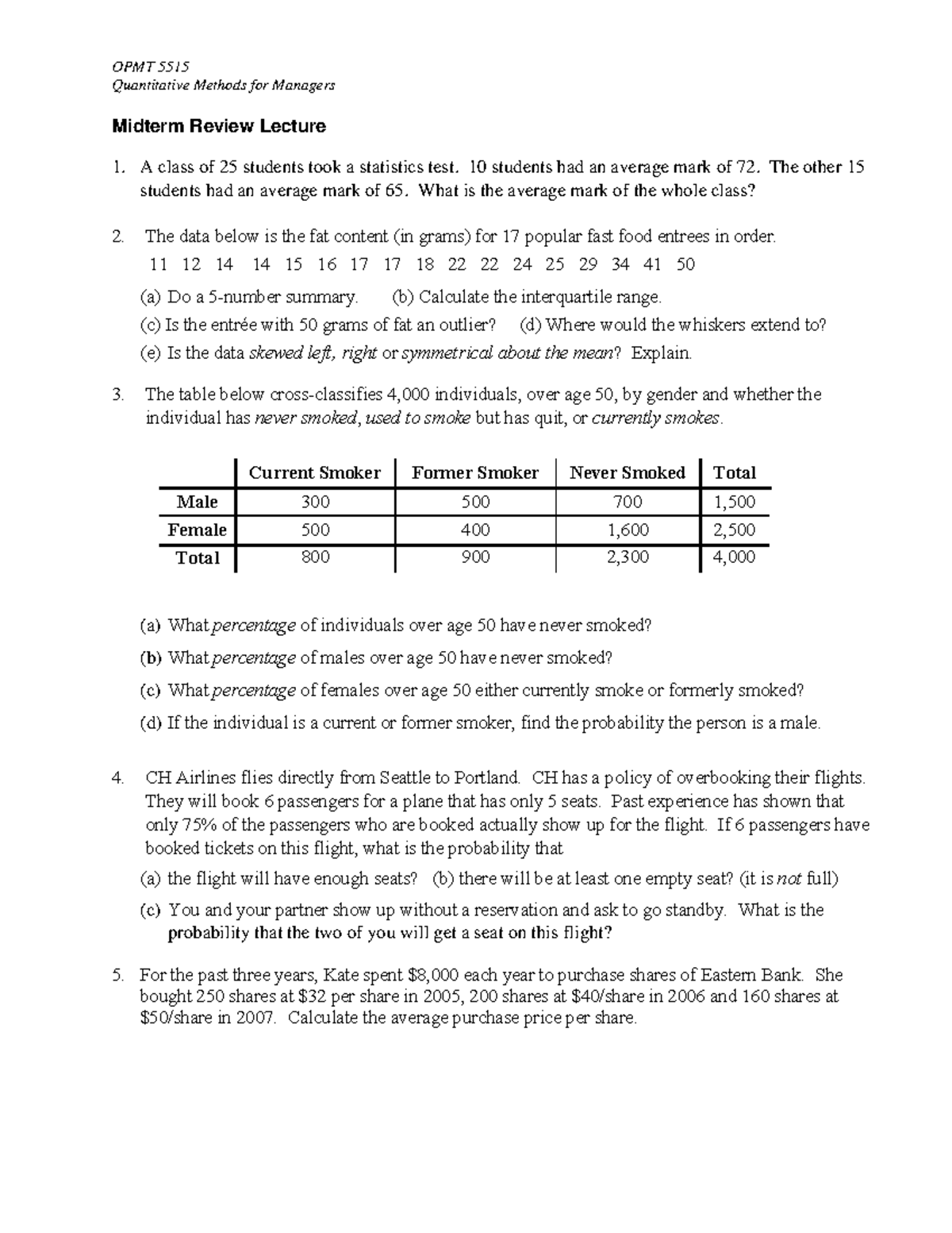 5515 Midterm Extra Practice 2021 - OPMT 5515 Quantitative Methods for ...