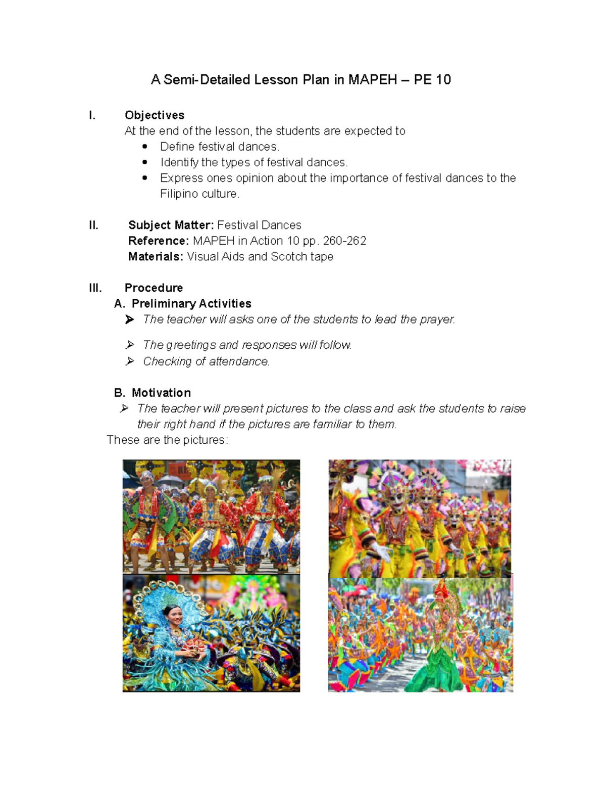 A Semi Detailed Lesson Plan In Mapeh 10 A Semi Detailed Lesson Plan 