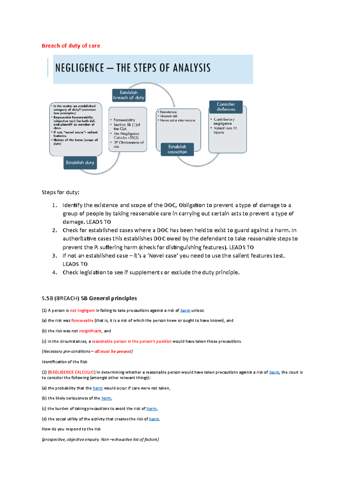 Law 114 notes final - Tort law summary - Breach of duty of care Steps ...