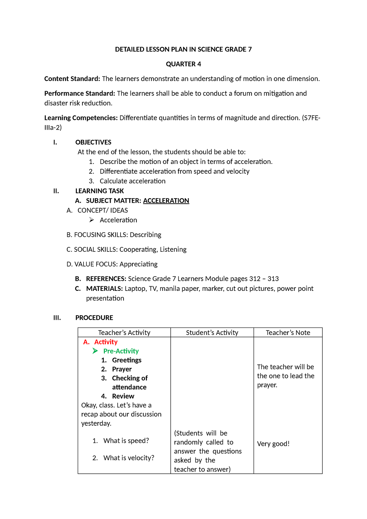 Detailed Lesson PLAN Acceleration - DETAILED LESSON PLAN IN SCIENCE ...