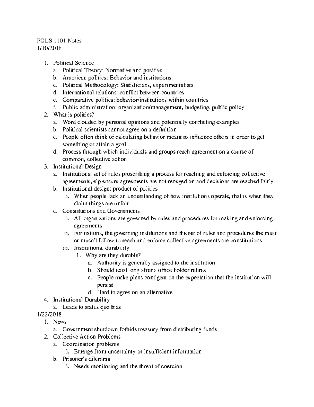 POLS 1101 Notes - POLS 1101 Notes 1/10/ 1 Science A Theory: Normative ...