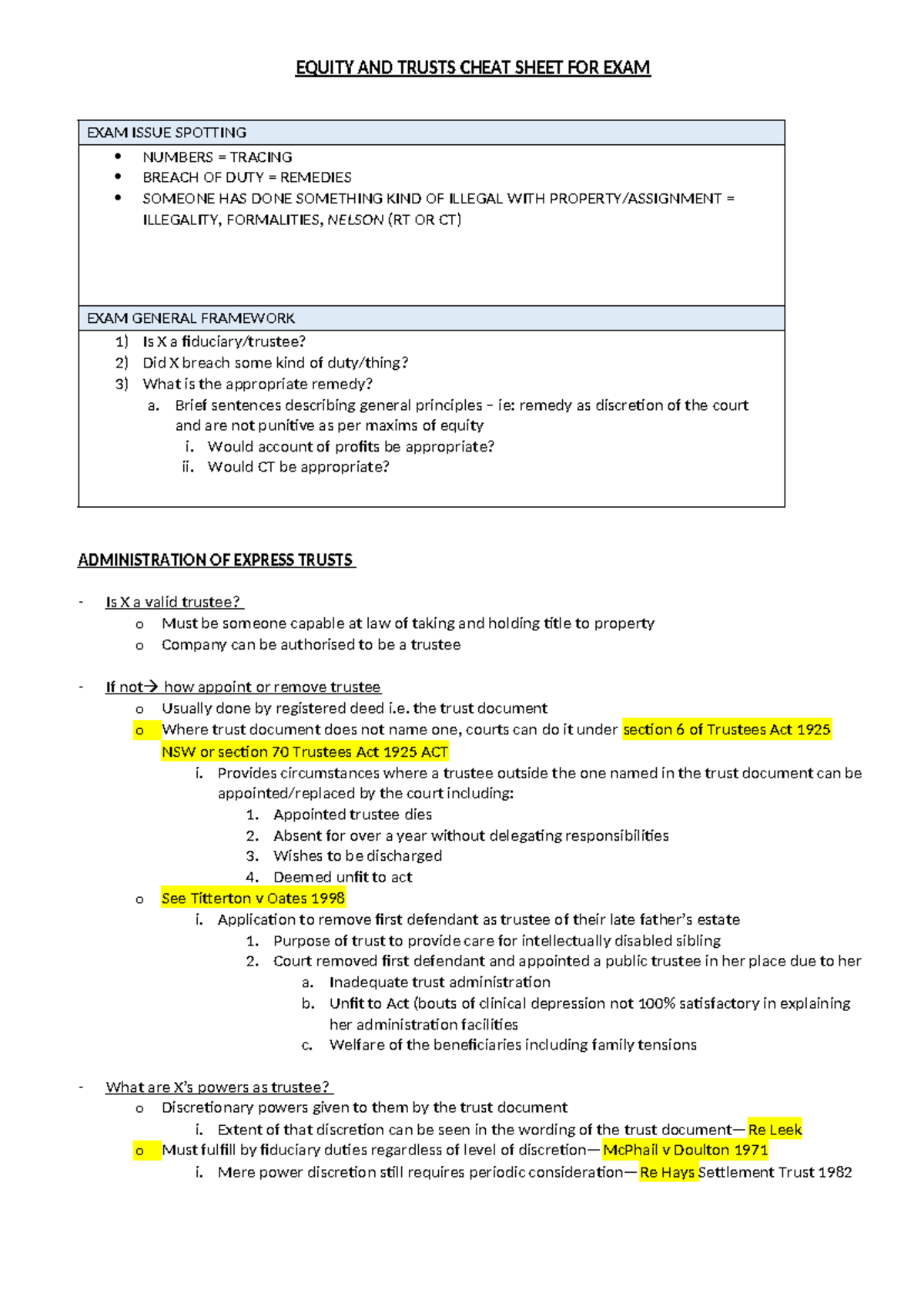 Equity Notes (excl assignments) - EQUITY AND TRUSTS CHEAT SHEET FOR ...