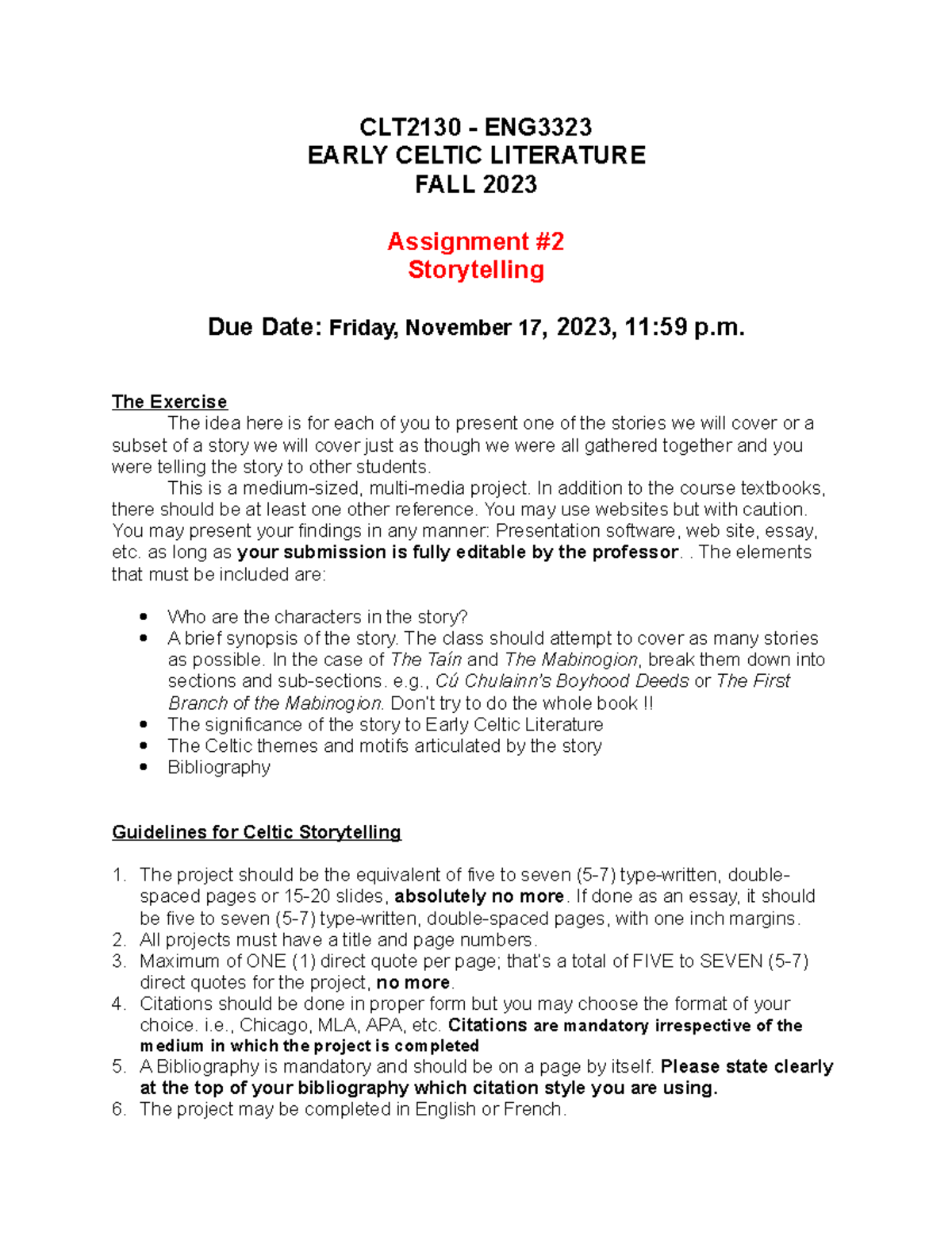 CLT2130 Assignment #2 - Storytelling - CLT2130 - ENG EARLY CELTIC ...