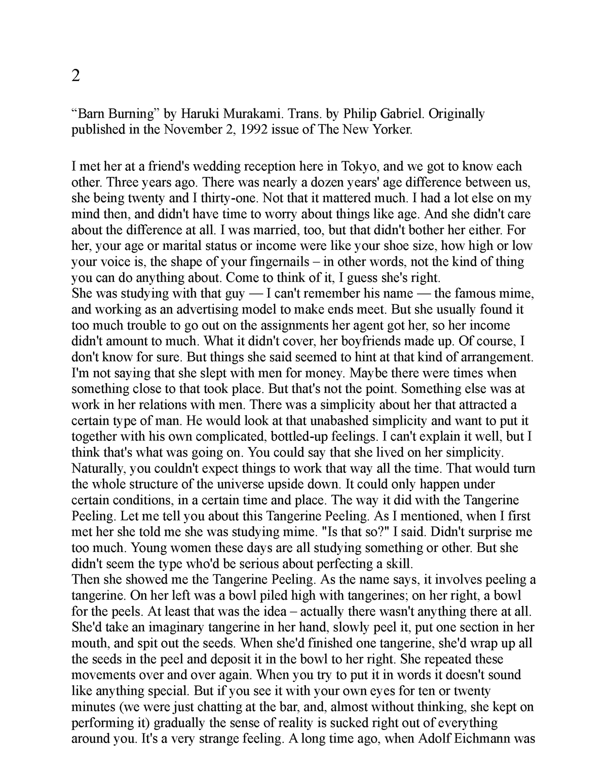 Murakami Barn Burning 1992 New Yorker translation - 2 “Barn Burning” by ...