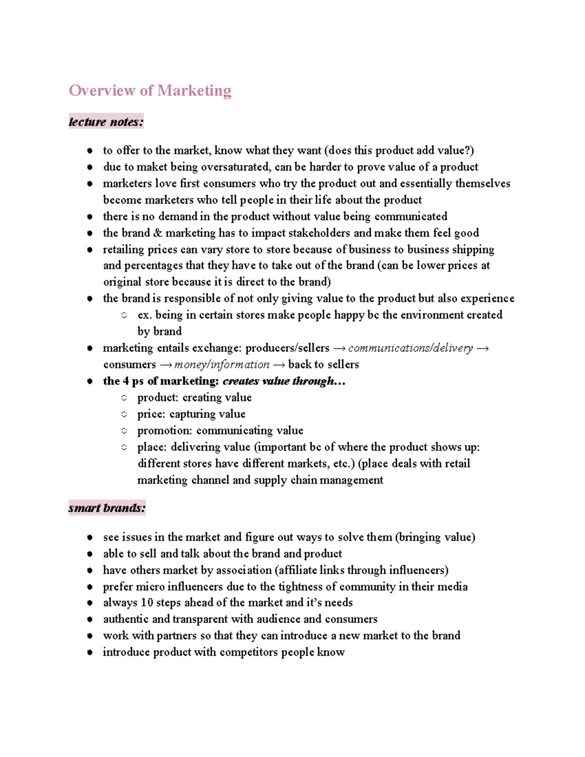 Overview of Marketing Overview of Marketing lecture notes to offer