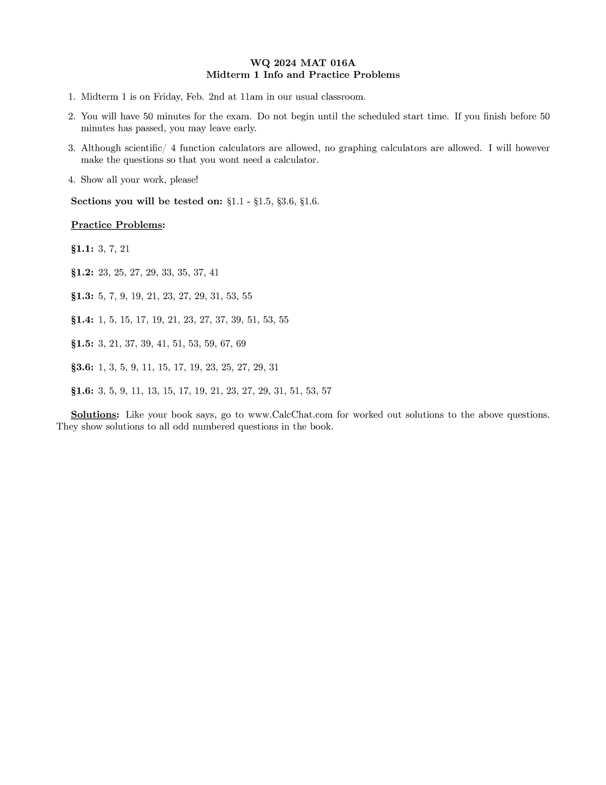 Midterm 1 Practice Problems WQ 2024 MAT 016A Midterm 1 Info and