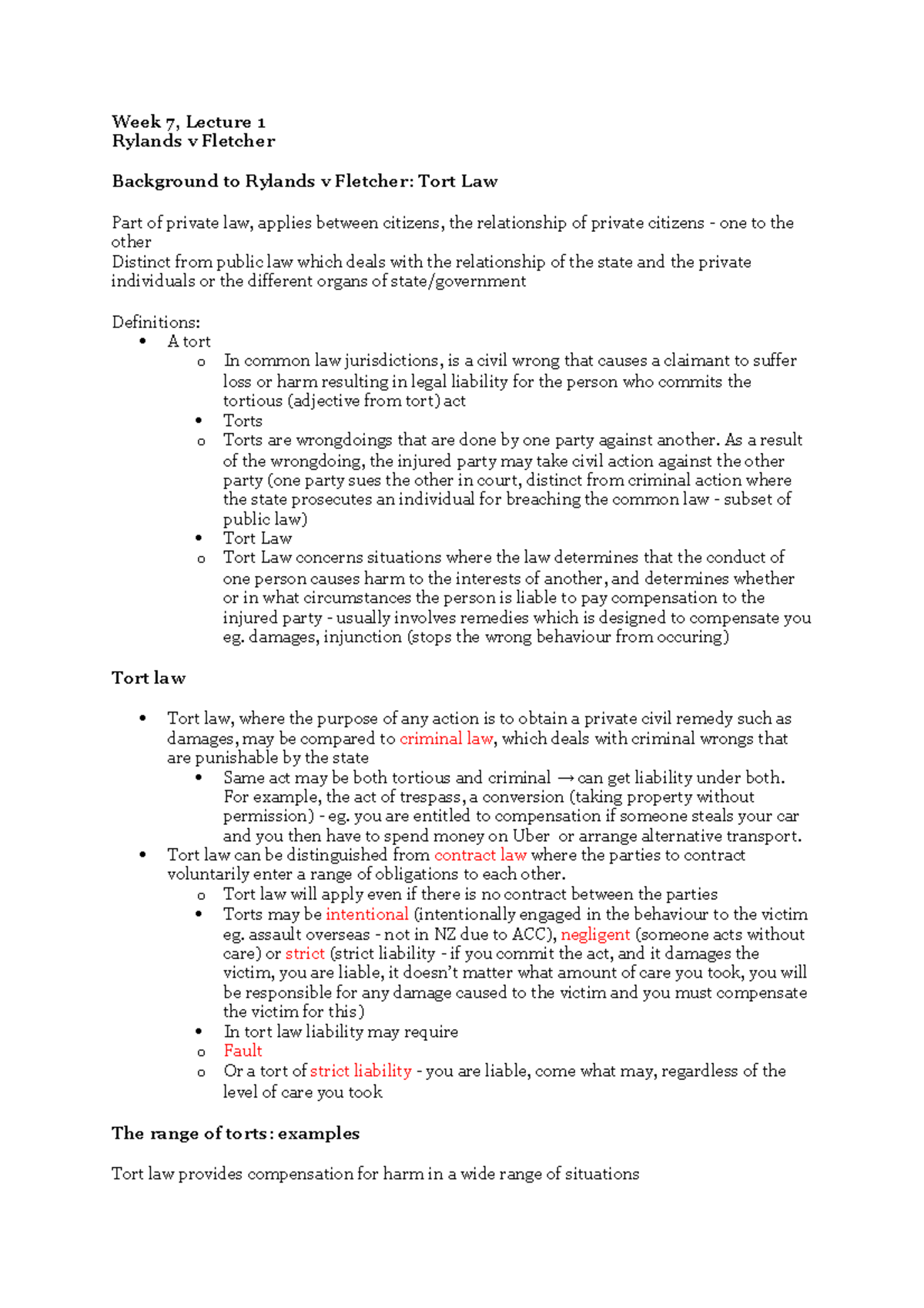 Rylands V Fleture Lectures - Week 7, Lecture 1 Rylands v Fletcher ...