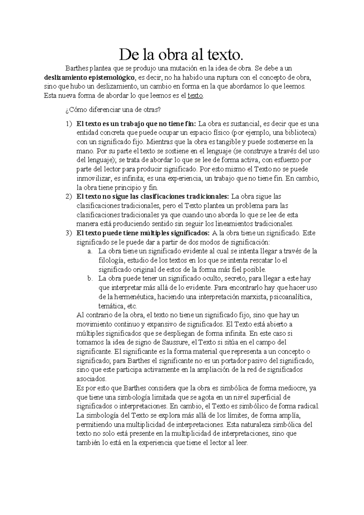 Barthes - DE LA OBRA AL Texto - De la obra al texto. Barthes plantea ...