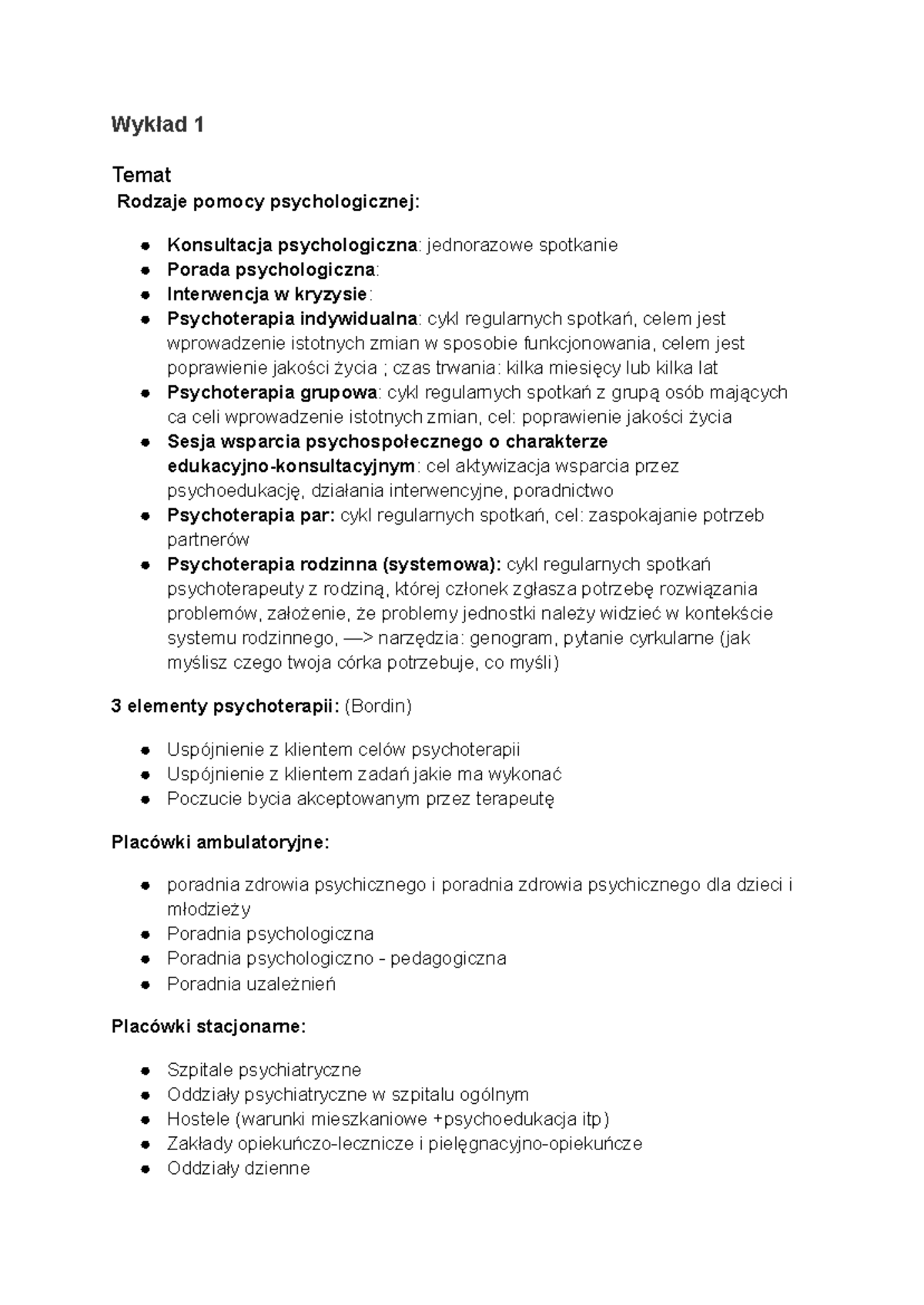 pierwszy wykład - Wykład 1 Temat Rodzaje pomocy psychologicznej