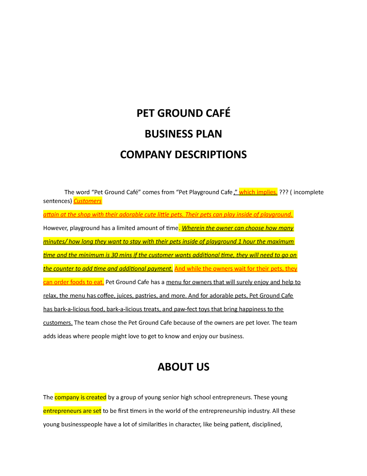 business plan for pet cafe