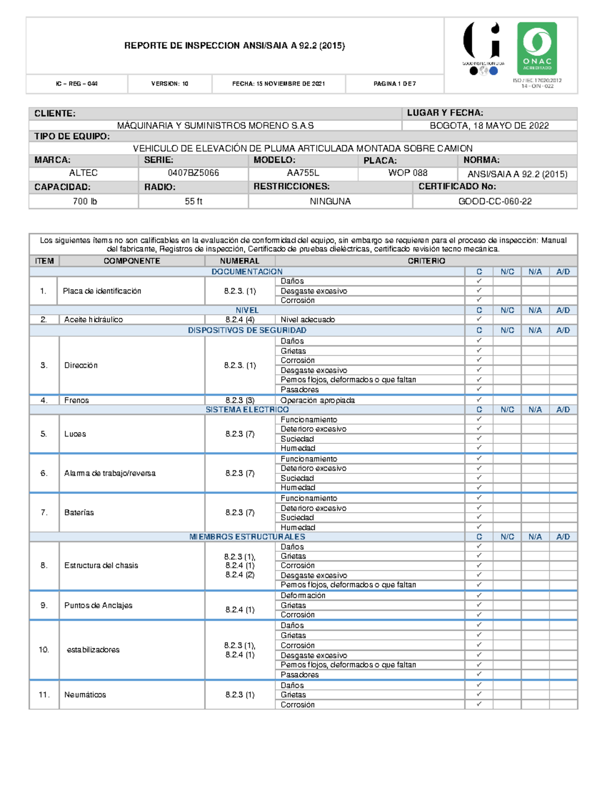 11 . Reporte DE Inspeccion WOP088 - IC – REG – 044 VERSION: 10 FECHA ...