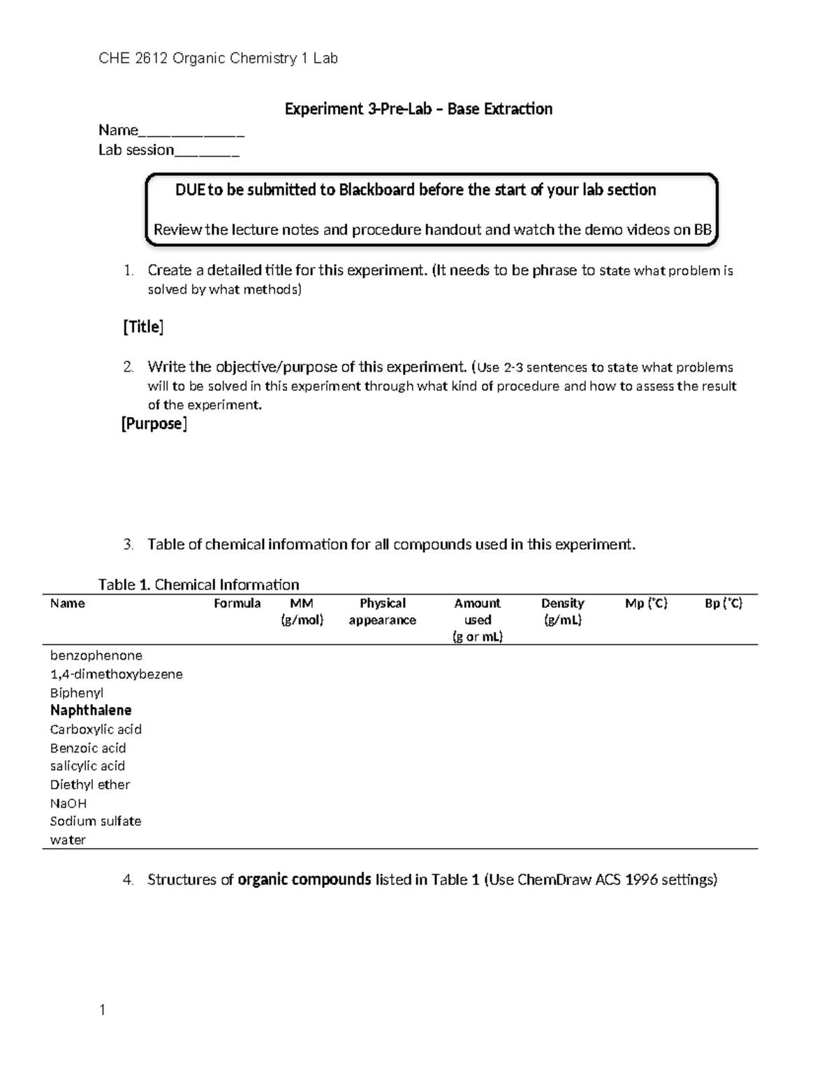 Exp3PrelabBase extraction CHE 2612 Organic Chemistry 1 Lab
