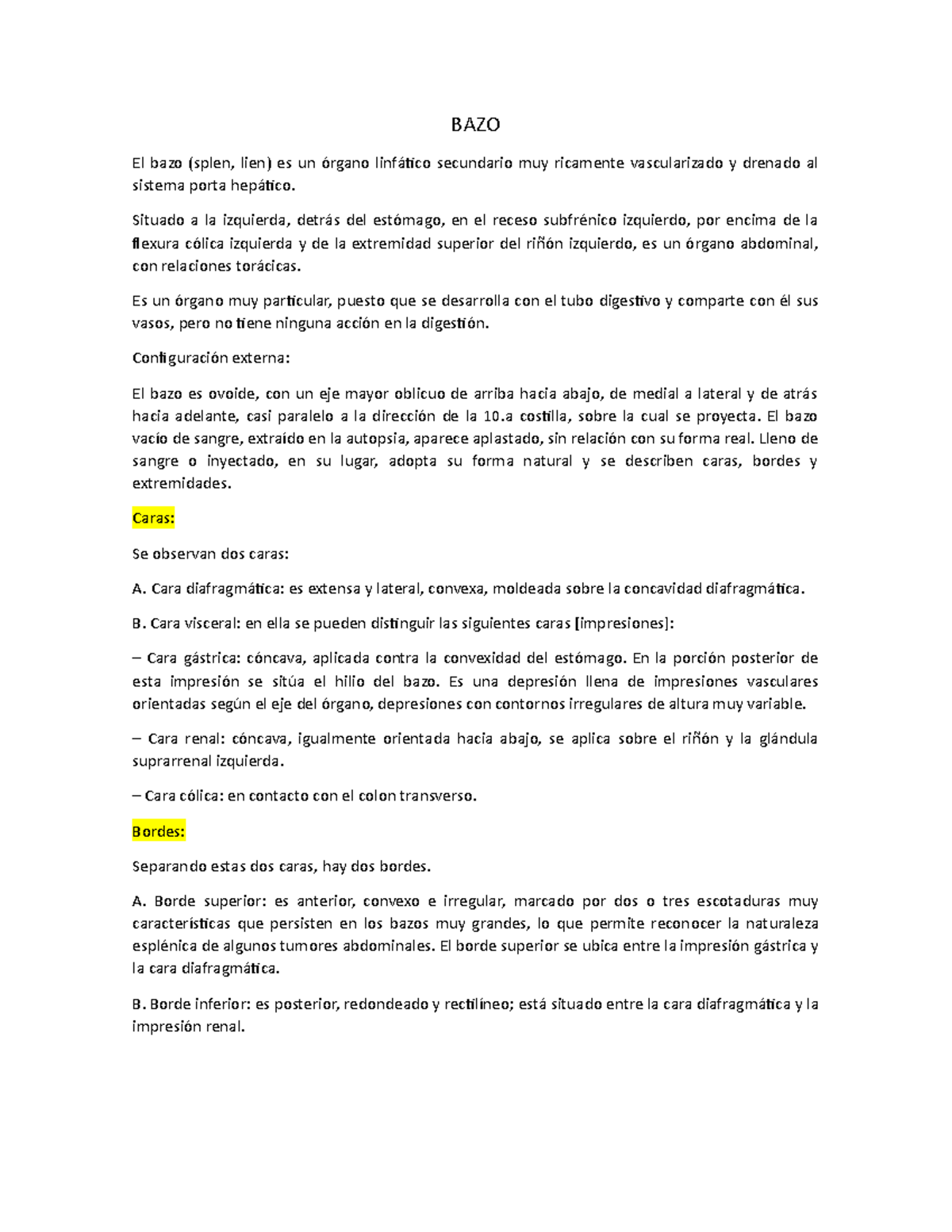 BAZO Resumen del bazo anatomía BAZO El bazo (splen, lien) es un