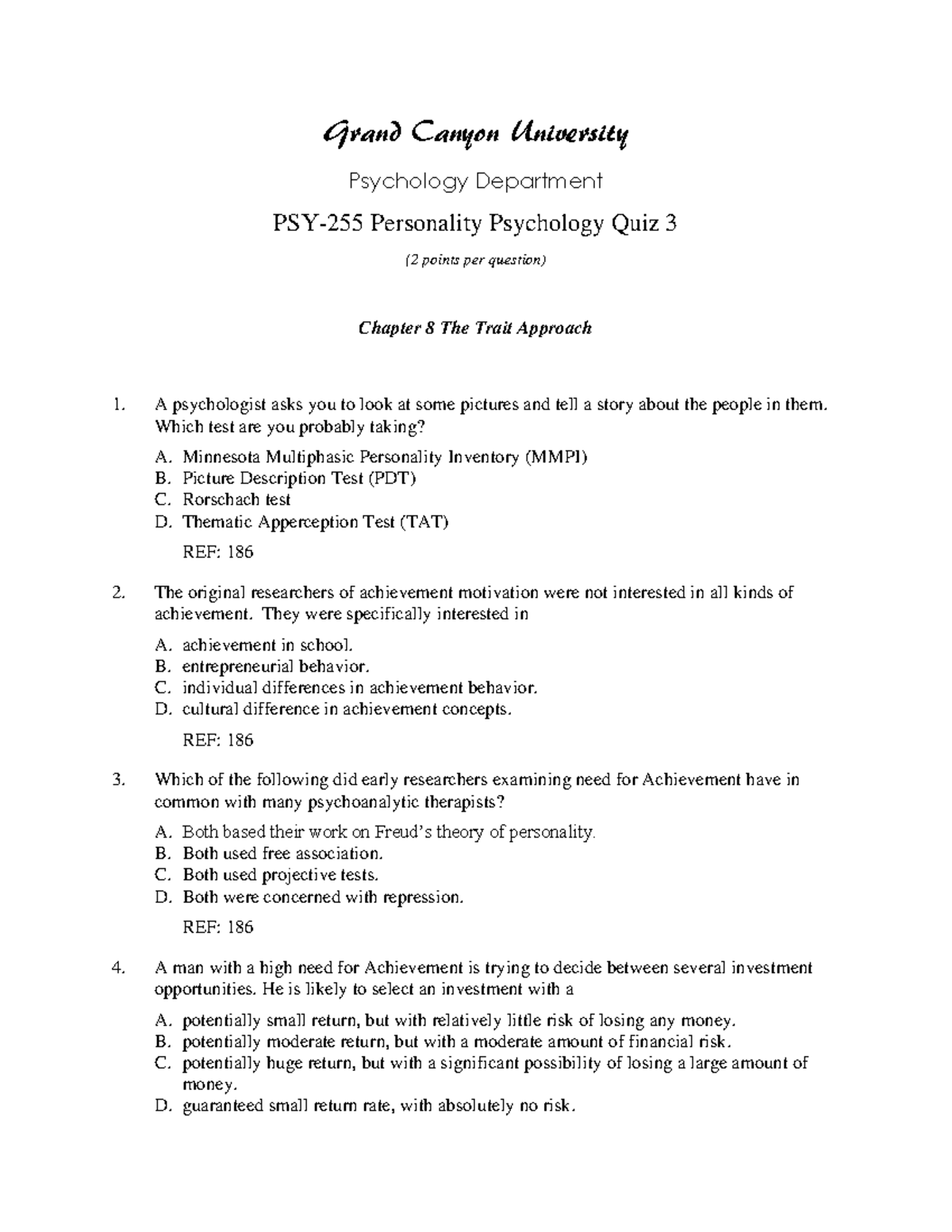 PSY 255 Quiz 3 Test Chpt 8-11 - Grand Canyon University Psychology ...