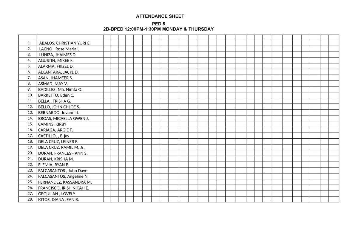 Attendance Sheet - 1. ABALOS, CHRISTIAN YURI E. 2. LACNO , Rose Marla L ...