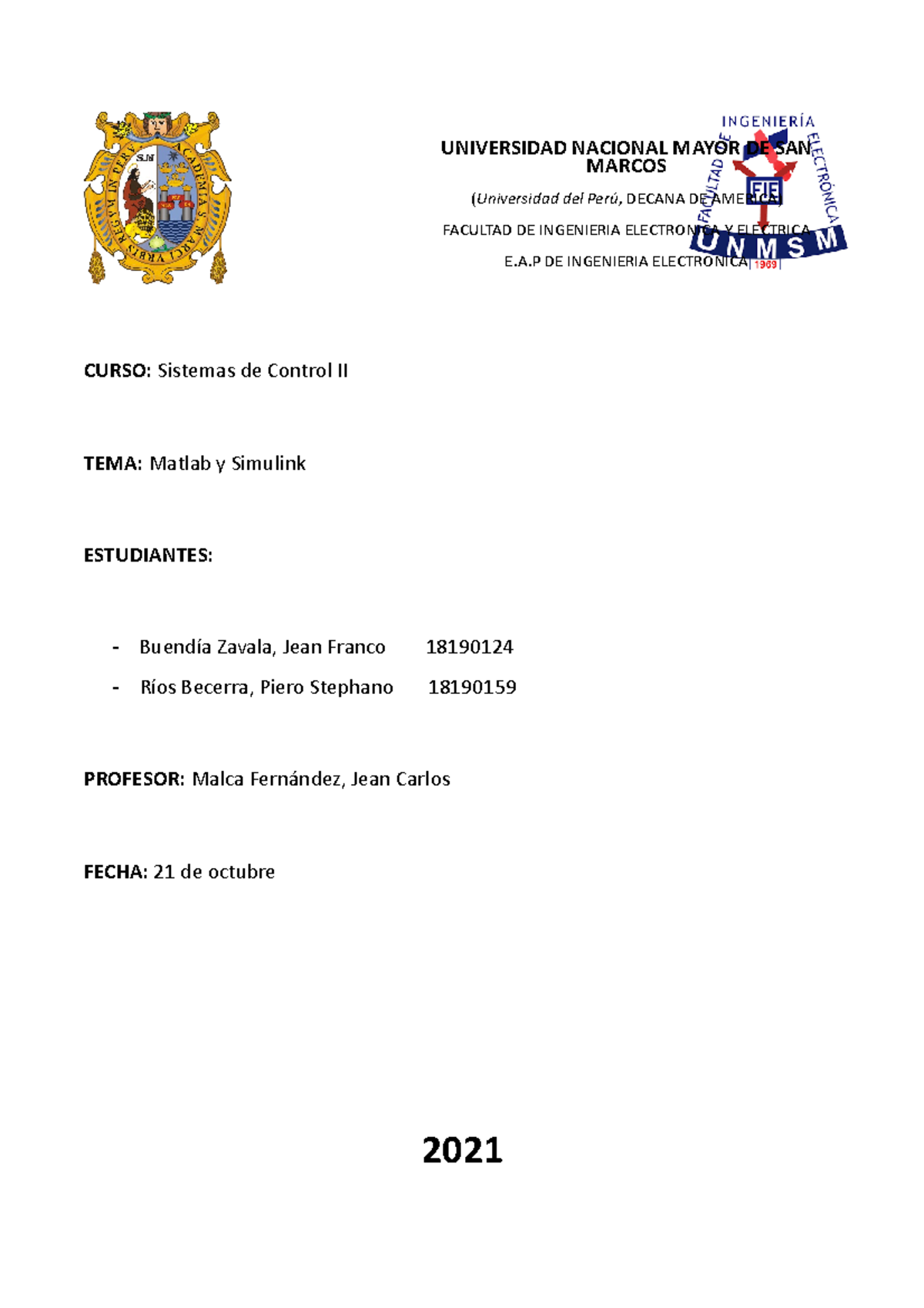 Laboratorio 1 - adasdfadsf - CURSO: Sistemas de Control II TEMA: Matlab ...
