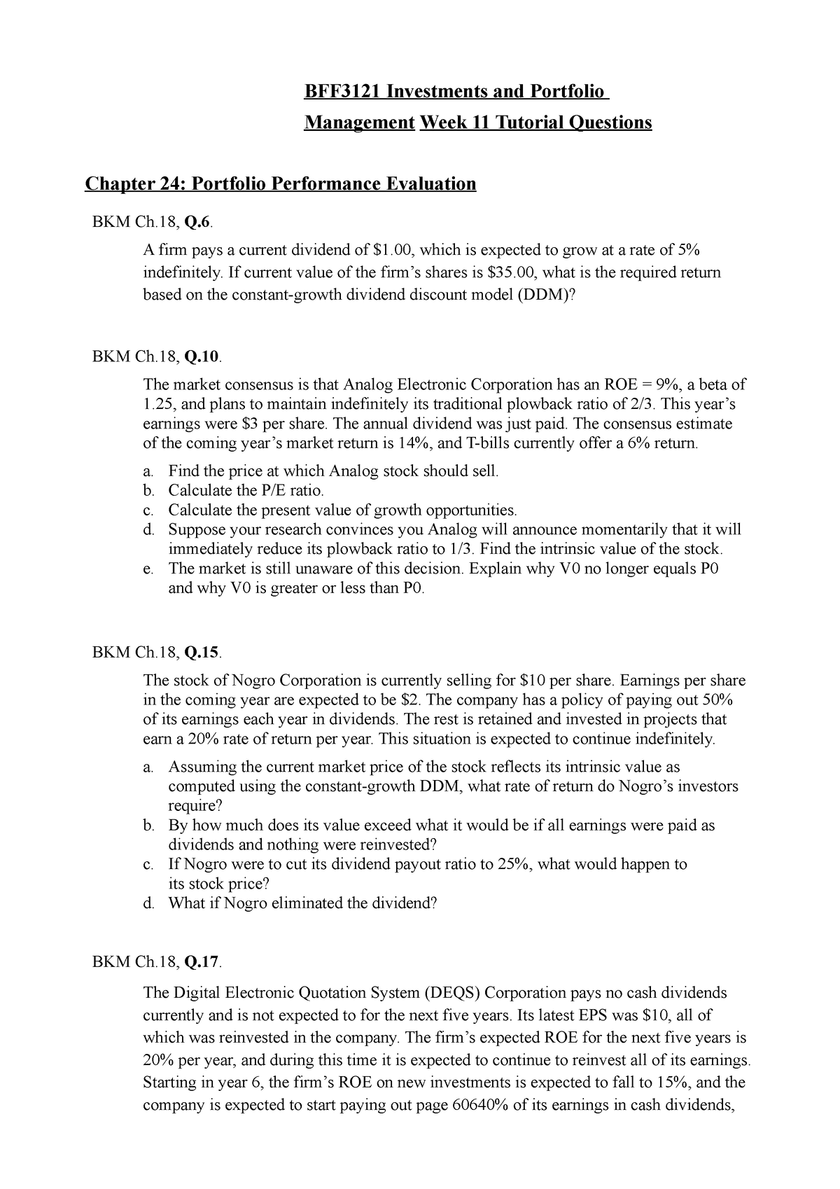 Week 11 Tutorial Questions - BFF3121 Investments And Portfolio ...